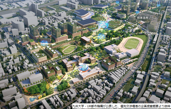 九州大学・UR都市機構が公表した、優先交渉権者の企画提案概要より抜粋されたまちづくりのイメージ画像自然と調和した建物の数々が描かれている